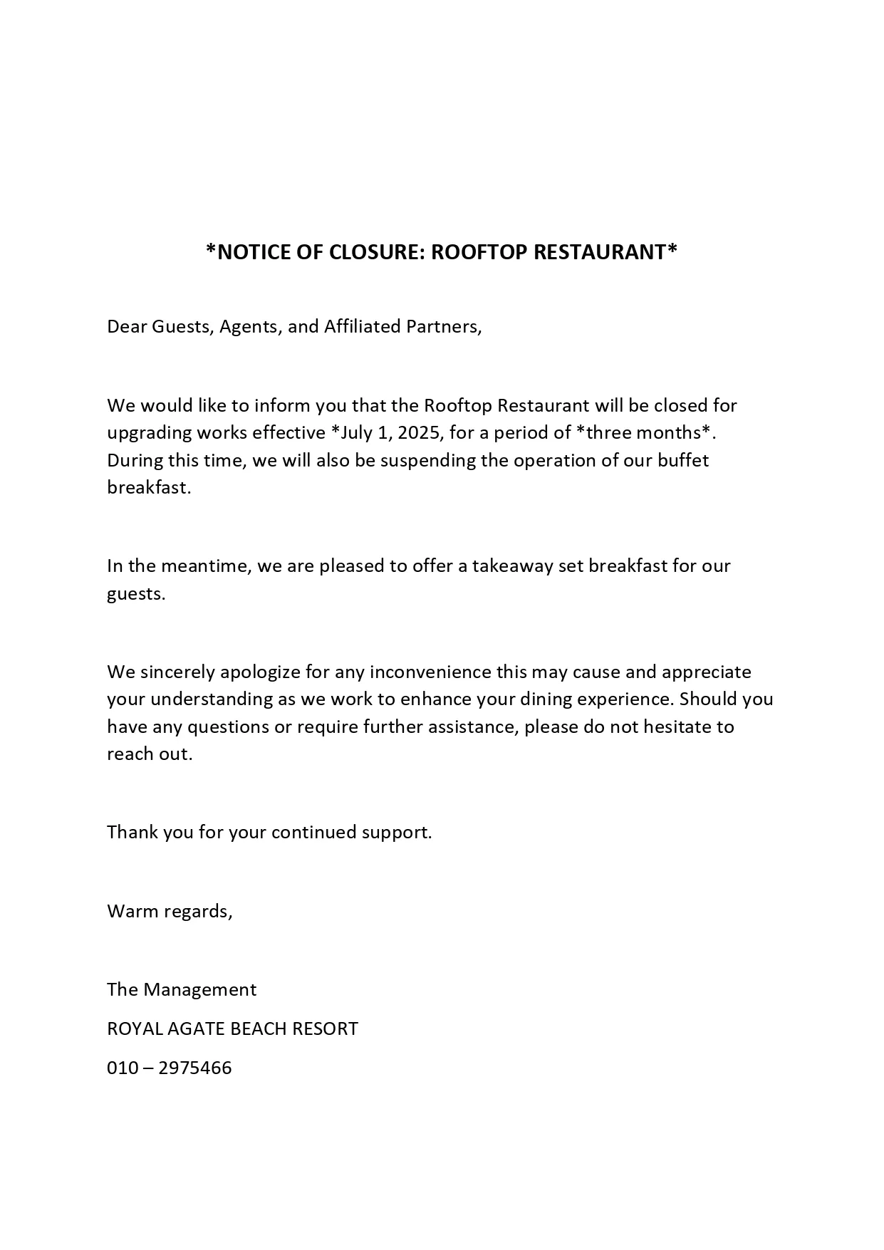 Notice of Closure - Sunset Grill Restaurant